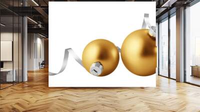 Christmas balls isolated on white background. Two gold christmas ornaments with silver ribbon Wall mural