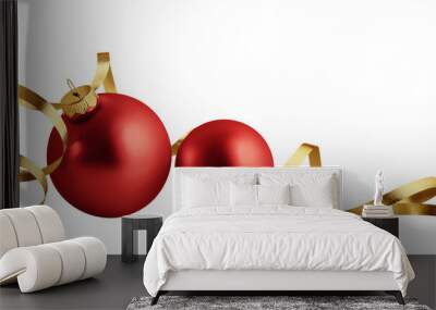 christmas ornaments isolated on white background. two red christmas balls with gold ribbon Wall mural