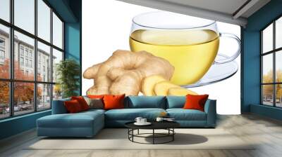 Cup of ginger tea isolated on white or transparent background. Herbal hot drink with ginger root. Wall mural