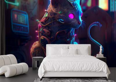 Cyber punk cat with neon light generated by AI. Cat with bright neon light Wall mural