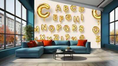 English alphabet and numbers Balloons. Helium balloons. Gold balloons for text, letter, holiday. Festive, realistic set. Letters from A to Z. Vector illustration. Wall mural