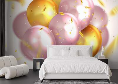 Festive balloons gold and pink with confetti. Opening, festival, birthday, anniversary. Vector illustration Wall mural