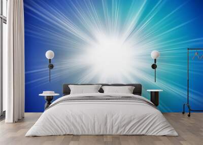 Flash light, lens flares, sun beams effect over dark blue background. Abstract backdrop Wall mural