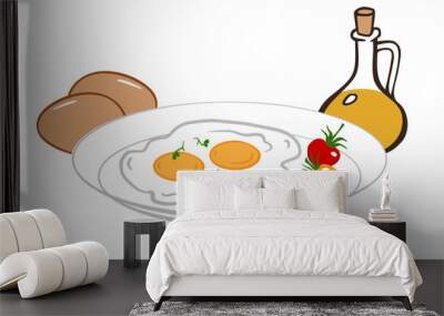 Fried egg with cherry tomatoes on plate. Breakfast Vector illustration cartoon  isolated on white for menu restaurant, cafe, poster, flyer, cookbook, coupon design.  Wall mural