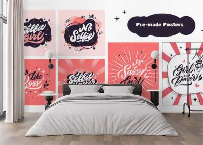 Grl pwr phrases, posters, postcard, template card. Girl power bundle. Feminism and selfie girl slogan handwritten lettering Wall mural