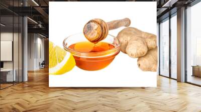 Honey, ginger and lemon isolated. Traditional medicine for cold and flu Wall mural