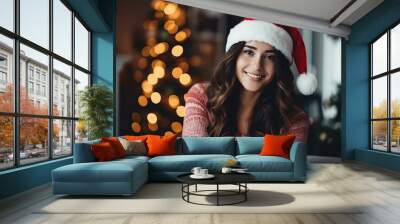 Portrait of happy beautiful young woman in santa red hat looking at camera Wall mural