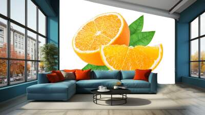 Orange citrus fruit isolated on white or transparent background. Two orange fruits cut half and slice with green leaves Wall mural