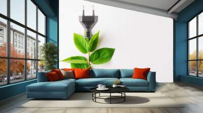 Renewable energy, sustainability, ecology concept. Power plug with green leaves over white background. Wall mural