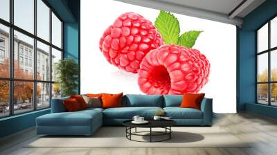 Two raspberry berries with green leaves isolated on white background Wall mural