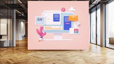 3D Web Vector Illustrations. Computer with open pages. Landing page template for web. Wall mural