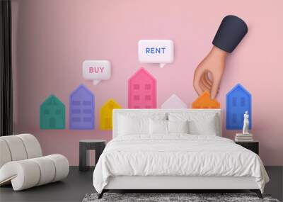 Hand holding home with Buy or Rent speech bubbles. House selection, house project, real estate concept, flat style illustration. 3D Web Vector Illustrations. Wall mural