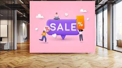 People Characters shop at an online store. Discount banner design. Online shopping concept. 3D Web Vector Illustrations. Wall mural