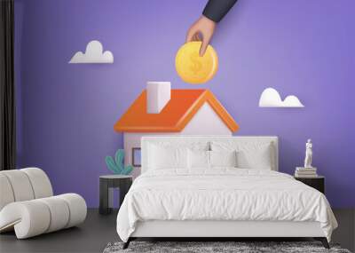 People Invest Money in Real Estate Property. Buying Home. 3D Vector Illustrations. Wall mural