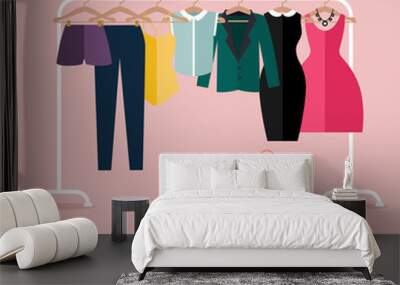 Racks with clothes on hangers. Flat design style modern vector i Wall mural