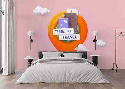 Time to travel banner. Trip banner with passport, tickets, travel bag. 3D Web Vector Illustrations. Wall mural