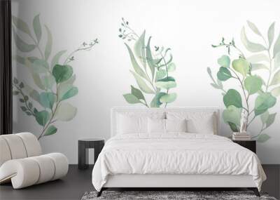 Watercolor green eucalyptus, olive  leaves. Watercolor floral illustration collection  - green leaf branches set for wedding stationary, wallpapers, background,  greetings.  Wall mural