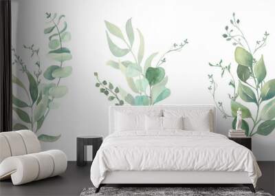 Watercolor green eucalyptus, olive  leaves. Watercolor floral illustration collection  - green leaf branches set for wedding stationary, wallpapers, background,  greetings.  Wall mural