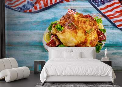 July of 4th party roasted chicken with american flag. Wall mural