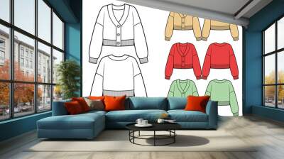 Set of crop cardigans fashion flat sketches, different colors Wall mural