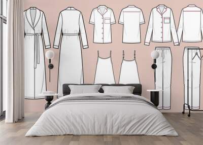 Sleepwear vector isolated template illustration, bathrobe, pajamas, shorts, tank top. Wall mural