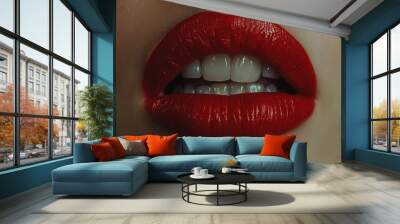 close-up portrait red lips t teeth young girl Wall mural