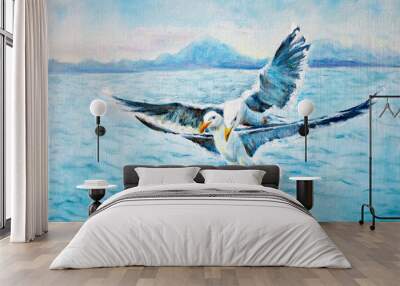 Two seagulls in flight over the sea. Hand drawn oil painting on canvas textures. Raster bitmap image Wall mural