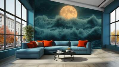 landscape of a stormy sea with waves, illuminated by the moon Wall mural