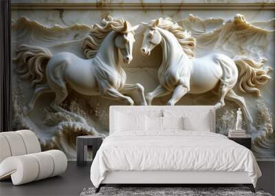 white stone horses on the wall, marble background Wall mural