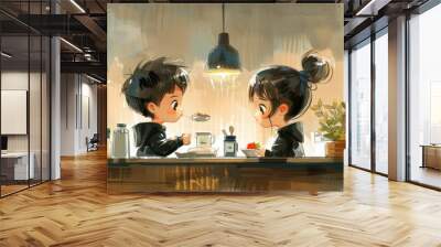 A cozy café moment where two friends share laughs over warm drinks and delicious treats in a softly lit setting filled with plants and a warm atmosphere Wall mural