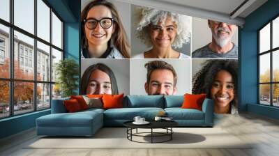 A grid of portraits showing different people from various ethnicities, ages and genders smiling with a white background. The portraits are in the style of different artists.  Wall mural