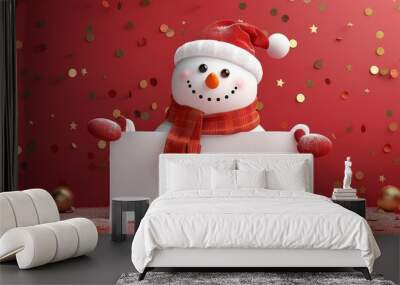 A joyful snowman wearing a Santa hat and scarf happily holds a blank sign against a festive red background adorned with colorful confetti and holiday ornaments Wall mural