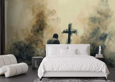 A man kneeling in prayer with the cross of Jesus behind him, looking at clouds painted in the style of soft watercolor in light beige and gray colors in background, minimalistic aesthetic Wall mural