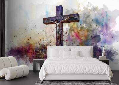 A powerful depiction of sacrifice and faith, blending vibrant colors with a portrayal of a central figure on a cross against a backdrop of abstract artistry, evoking deep spiritual reflections Wall mural