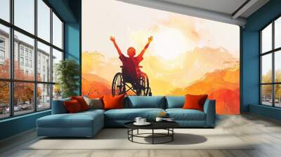 A silhouette of a young boy in a wheelchair atop a hill, hands joyfully raised towards the sky as he watches the sun dip below the horizon, with the majestic mountains providing  Wall mural