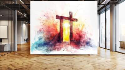 A vibrant artistic representation of a wooden cross symbolizing hope and resurrection amidst a background of colorful swirls, capturing the essence of renewal and faith Wall mural