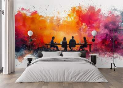 A vibrant collaborative meeting unfolds during sunset as four individuals engage in lively discussions surrounded by artistic splashes of color Wall mural