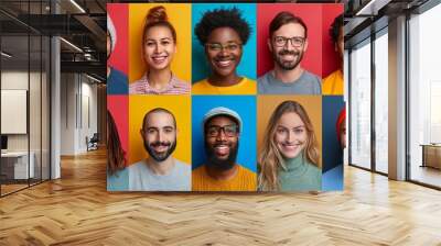 A vibrant collage of happy individuals showcasing diverse expressions against colorful backgrounds in a cheerful studio setting Wall mural