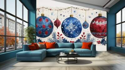 A vibrant collection of beautifully painted ornaments hangs against a snowy background, capturing the essence of the holiday season with artistry and cheer Wall mural