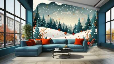 A whimsical winter wonderland filled with snowflakes, lush evergreen trees, and vibrant berries blanketing a serene landscape Wall mural