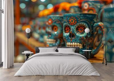 Colorful sugar skulls and flowers on display at a Mexican Day of the Dead festival, copy space concept. Close up view of traditional decorative mugs  Wall mural