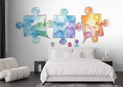 Communicate solution to solve problem, agreement, teamwork or cooperation, conversation message, meeting or discussion concept, business people communicate with connected jigsaw puzzle speech bubble Wall mural