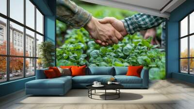 Farmer, team and handshake for greenhouse plants, agriculture or gardening with introduction and welcome. b2b people or entrepreneur shaking hands for farming deal, supply chain and agro business  Wall mural