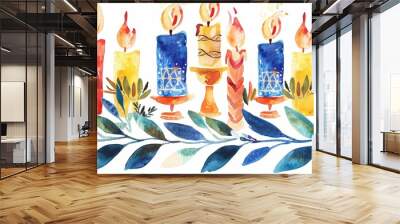 Festive menorahs adorned with colorful candles and delicate leaves reflect the joyous spirit of the Chanukah festival, bringing warmth and light to the season Wall mural