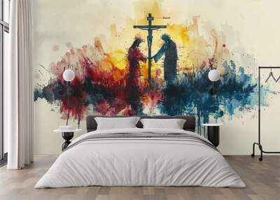 In a stunning watercolor illustration, Jesus extends His hand to a seeker in need, symbolizing hope and forgiveness, framed by a blurred cross and a vibrant sunset Wall mural