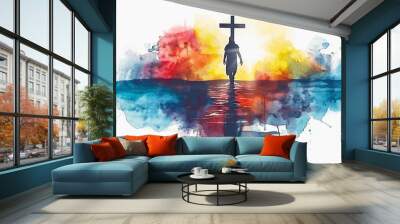 In a stunning watercolor rendition, Jesus Christ strides confidently over the tranquil waters of the Sea of Galilee, symbolizing faith and divine power amid a bright, colorful backdrop. Generative AI Wall mural