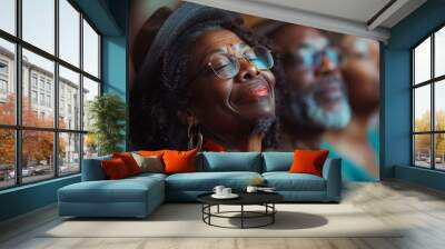 In the warm embrace of a vibrant church community, an Afro-American man and woman Gospel singers lead the congregation in spirited song and praise. Wall mural