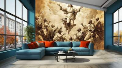 Jesus floating in the air with his disciples looking up at him, cartoon style drawing, sepia background, light shining down on them from above  Wall mural