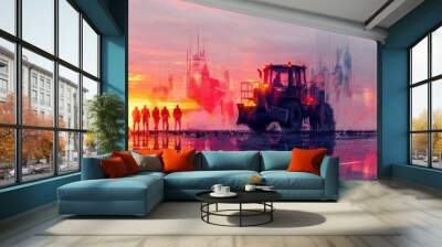 Tractor working at sunset alongside silhouetted workers creating a vibrant scene with colorful reflections on the water's surface Wall mural