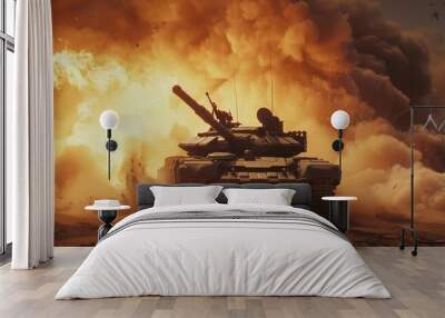 video clip style, A tank is blowing up with an explosion of sand and dust  Wall mural